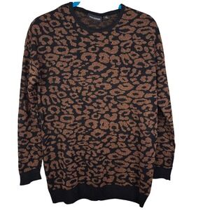 Nina Leonard Women Black Bronze Leopard Metallic Knit Oversize Sweater Size‎ S